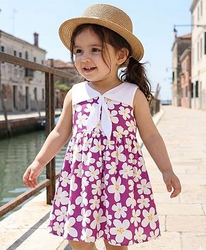 Babyhug Woven Sleeveless Frock with Floral Print - Purple