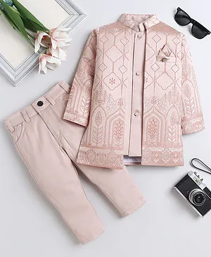 Fourfolds Woven Solid Sherwani Pant
                              With Full Sleeves Floral Embroidered
                              Jacket Set - Blush Pink