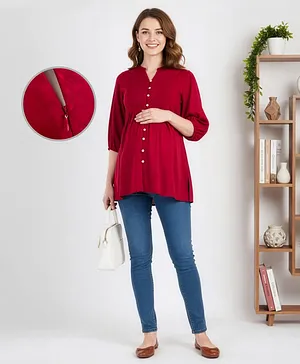 Bella Mama Woven Three Fourth Sleeves
                              Solid Color Pleated Yoke Maternity Top -
                              Maroon