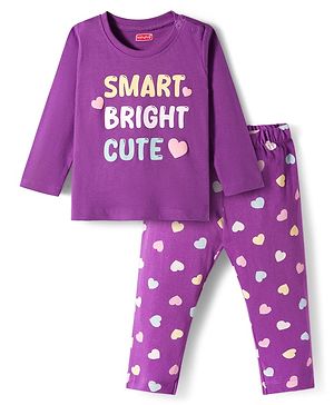 Babyhug Cotton Knit Full Sleeves Night Suit With Text Print - Purple