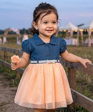 Babyhug Woven Half Sleeves Denim Frock With Foil Heart Print Bow Applique & Belt - Navy Blue
