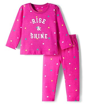 Babyhug Cotton Knit Full Sleeves Night Suit With Text Print - Pink