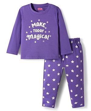 Babyhug Cotton Knit Full Sleeves Night Suit With Text Print - Navy Blue