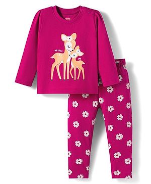 Babyhug Cotton Knit Full Sleeves Night Suit With Animal Print - Dark Pink
