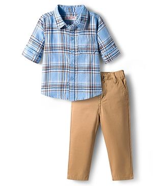 Babyhug Cotton Woven Full Sleeves Checkered Shirt & Pant Set - Blue & Khaki