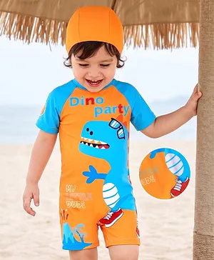 Mark & Mia Half Raglan Sleeves
                              Legged Swimsuit With Dino Print & Cap
                              - Orange