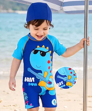 Mark & Mia Half Raglan Sleeves
                              Legged Swimsuit With Dino Print & Cap
                              - Blue