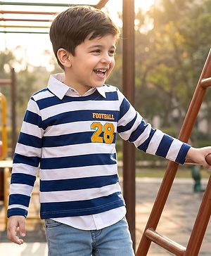 Babyhug 100% Cotton Knit Full Sleeves Polo T-Shirt with Stripes - Navy Blue & White