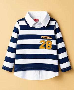 Babyhug 100% Cotton Knit Full Sleeves Polo T-Shirt with Stripes - Navy Blue & White