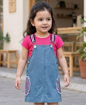 Babyhug Denim Woven Half Sleeves Frock with Inner T-Shirt & Floral Embroidery - Blue