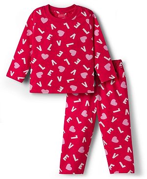 Babyhug Cotton Knit Full Sleeves Co-ord Night Suit With Heart Print - Red