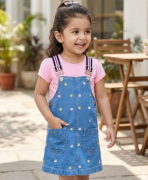 Babyhug Denim Woven Frock with Half Sleeves Inner Tee & Floral Embroidery - Blue & Pink