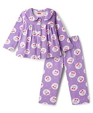 Babyhug Cotton Knit Full Sleeves Co-ord Night Suit With Cherry & Polka Dot Print - Lilac