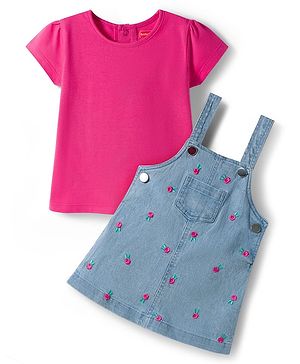 Babyhug Denim Woven Half Sleeves Frock with Inner T-Shirt & Floral Embroidery - Blue