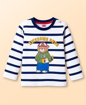 Babyhug 100% Cotton Knit Full Sleeves Striped T-Shirt With Teddy Bear Print - Navy Blue & White