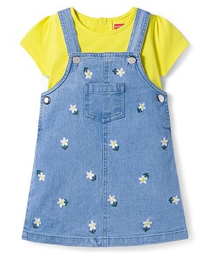Babyhug Denim Woven Half Sleeves Frock with Inner T-Shirt & Floral Embroidery - Blue