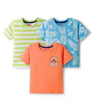Babyhug 100% Cotton Knit Half Sleeves T-Shirts With Tropical Theme Print Pack of 3 - Peach Green & Blue