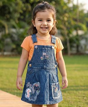Babyhug Denim Woven Half Sleeves Tee With Frock & Animal Embriodery - Blue