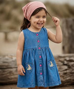Babyhug Denim Woven Sleveless Frock with Floral & Bunny Embroidery - Blue