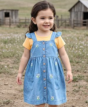 Babyhug Denim Woven Half Sleeves Frill Detailed Frock with Inner T-Shirt & Floral Embroidery - Blue