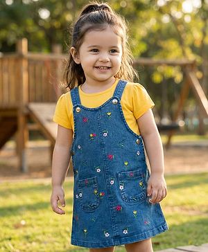 Babyhug Denim Woven Half Sleeves T-Shirt With Frock & Floral Embriodery - Blue