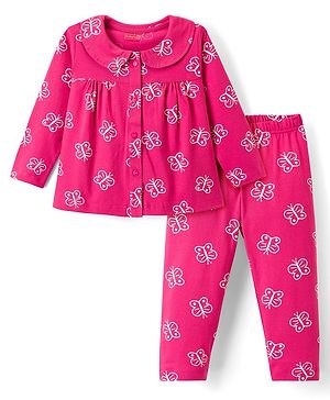 Babyhug Cotton Knit Full Sleeves Co-ord Night Suit With Butterfly Print - Dark Pink