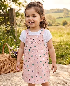 Babyhug Denim Woven Half Sleeves Butterfly Printed Frock With Inner Tee - White & Pink