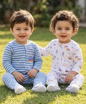Babyhug 100% Cotton Interlock Knit Romper With Nautical Theme Print Pack of 2 - Blue & White
