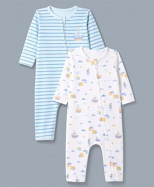 Babyhug 100% Cotton Interlock Knit Romper With Nautical Theme Print Pack of 2 - Blue & White
