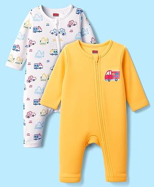 Babyhug 100% Cotton Knit Full Sleeves Romper With Vehicle Print Pack of 2 - Yellow & White