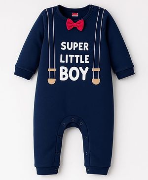 Babyhug 100% Cotton Knit Full Sleeves Romper With Text Print & Bow Applique - Navy Blue