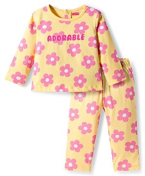 Babyhug Cotton Knit Full Sleeves Night Suit With Floral Print - Yellow