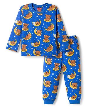 Babyhug Cotton Knit Full  Sleeves Co-ords Night Suit With Animal Print - Navy Blue
