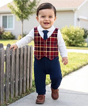 Babyhug Interlock Knit Full Sleeves Party Romper With Attached Checks Waistcoat & Tie - Navy Blue & Maroon