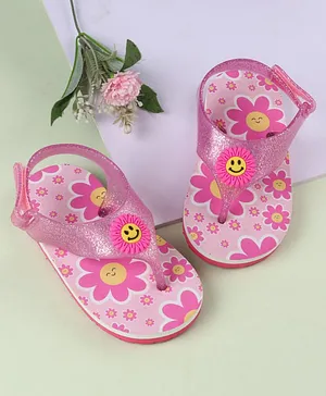 Babyoye Velcro Closure Flip Flops With Floral
                      Print & Applique - Pink