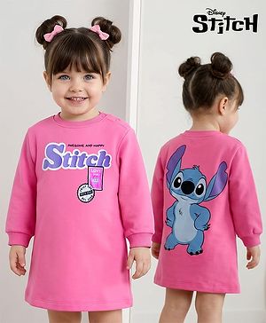 Bonfino Disney Terry Knit Drop Shoulder Full Sleeves Frock with Front & Back Lilo & Stitch Graphic - Pink