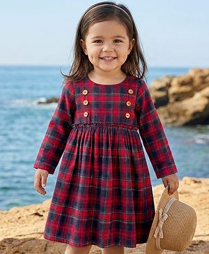 Babyhug Cotton Woven Full Sleeves Frock With Checks - Red