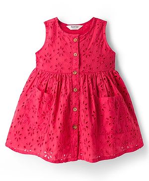 Bonfino Woven Sleeveless Schiffli Dress With Front Button Placket Opening & Patch Pockets On Both Sides - Coral