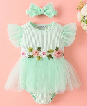 Mark & Mia Frill Sleeves Frock
                              Style Onesie With Floral Applique &
                              Headband - Sea Green