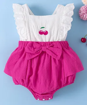 Mark & Mia Frill Sleeves Frock
                              Style Onesie With Cherry Embroidery &
                              Bow Applique - Fuchsia