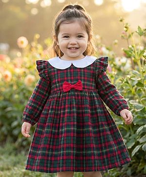 Babyhug Cotton Woven Full Sleeves Checks Frock With Bow Applique - Multicolor