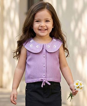 Babyhug Crinkled Crepe Woven Sleeveless Top With Floral Embroidery - Lilac