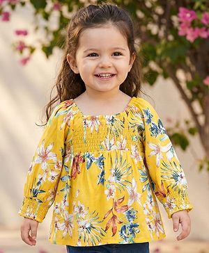 Babyhug Cotton Woven Full Raglan Sleeves Smocked Top with Floral Print - Yellow
