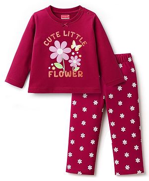 Babyhug Cotton Knit Full Sleeves Night Suit With Floral Print & Text Print - Maroon