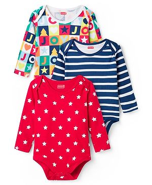 Babyhug 100% Cotton Knit Full Sleeves Striped Onesies with Star Print Pack of 3 - Multicolor