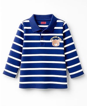 Babyhug 100% Cotton Knit Full Sleeves Striped Polo T-Shirt With Teddy Bear Print - Navy Blue