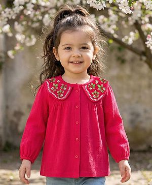 Babyhug 100% Cotton Knit Full Sleeves Top with Floral Embroidery - Red