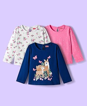 Babyhug 100% Cotton Single Jersey Knit Full Sleeves T-Shirt With Floral & Animal Print Pack Of 3 - Navy Blue Pink & White