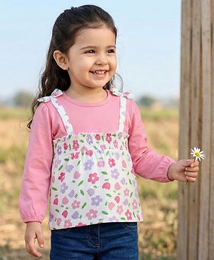 Babyhug 100% Cotton Single Jersey Knit Full Sleeves Top With Floral Print - Pink & White