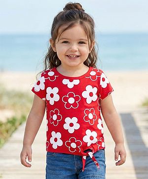 Babyhug 100% Cotton Knit Half Sleeves Top with Floral Print - Red
